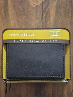 Joseph Abooud Slim Tri Fold Leather Wallet,  Brown.  New In Tin Box.